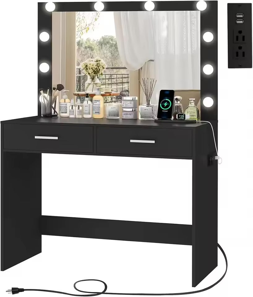 Mirrored Vanity Table with 12 LED Lights and Charging Station - LP Replenish