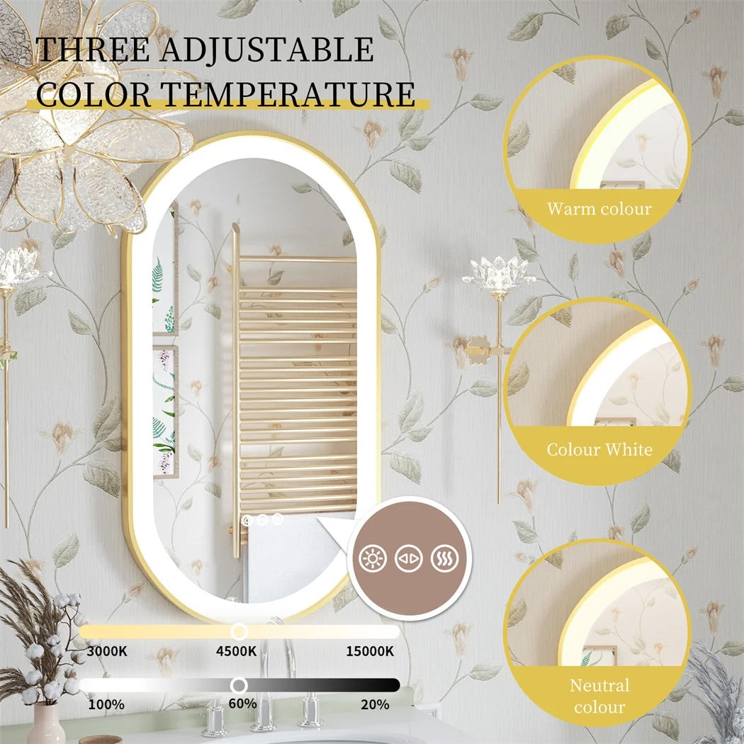 Oval LED Bathroom Mirror with Demister - Gold Frame - LP Replenish