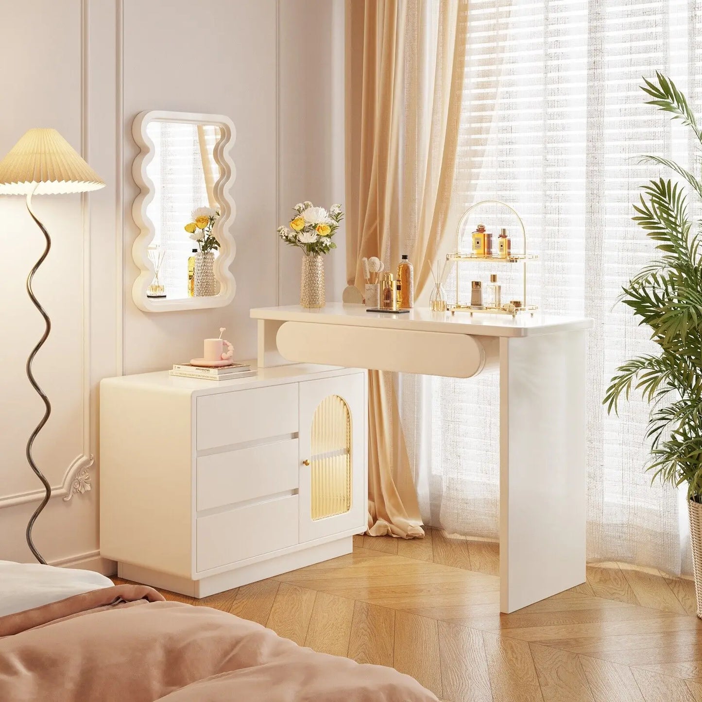 Vanity Table with Illuminated Mirror, Acrylic Chair, and Storage Features - LP Replenish