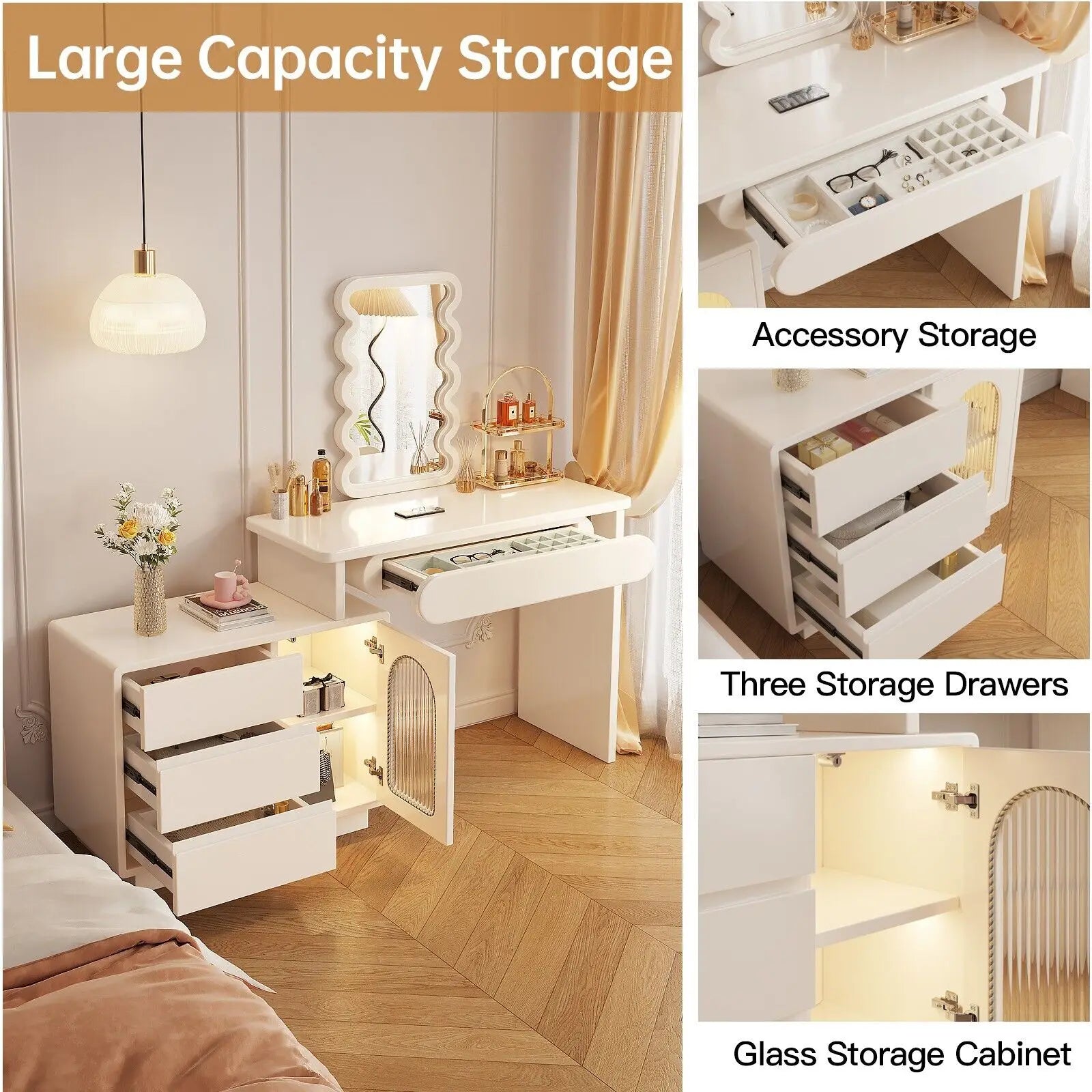 Vanity Table with Illuminated Mirror, Acrylic Chair, and Storage Features - LP Replenish