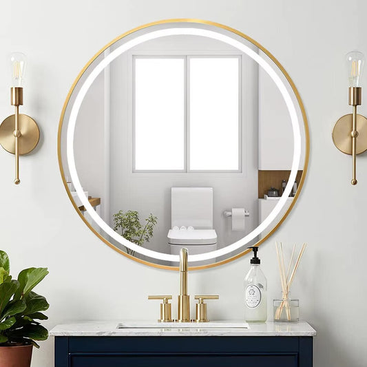 Large Round LED Bathroom Mirror with Anti-Fog, Touch Sensor, and Dimmable Lights – Black/Gold Frame, 32/24 Inch - LP Replenish
