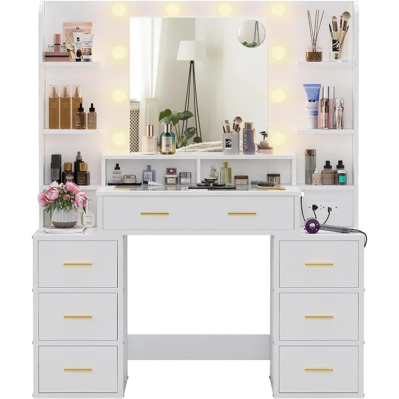 Vanity Desk with glass top with 10x Magnifying Mirror, Lights & Charging Station - LP Replenish