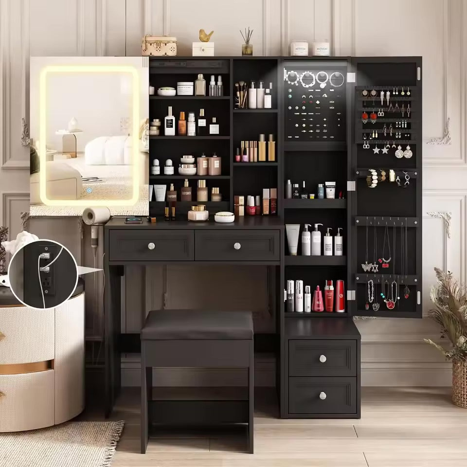 Makeup Vanity Desk with LED Lighted Sliding Mirror, Vanity Table with Jewelry Cabinet, and Charging Station - LP Replenish
