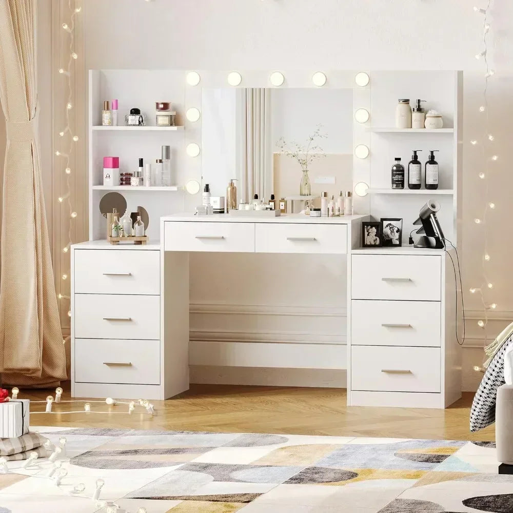 Vanity Desk with LED Mirror, Charging Station, and Storage Cabinet - LP Replenish