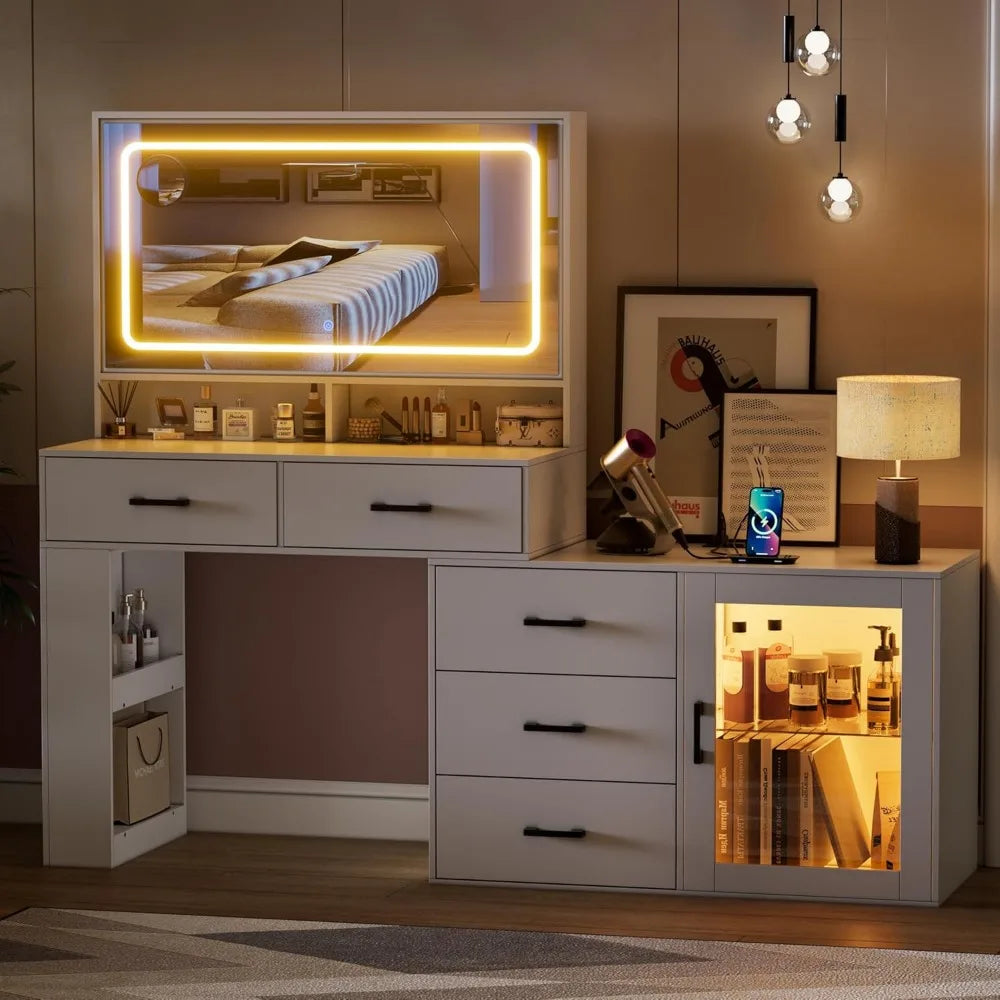 White Makeup Vanity Desk with LED Mirror, Charging Station, and Storage Cabinet