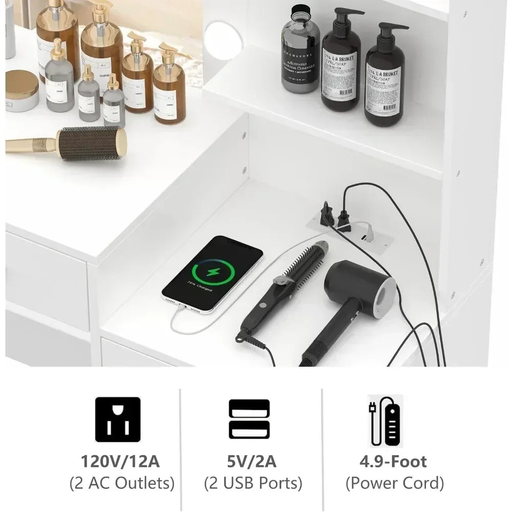 Vanity Desk with LED Mirror, Charging Station, and Storage Cabinet - LP Replenish