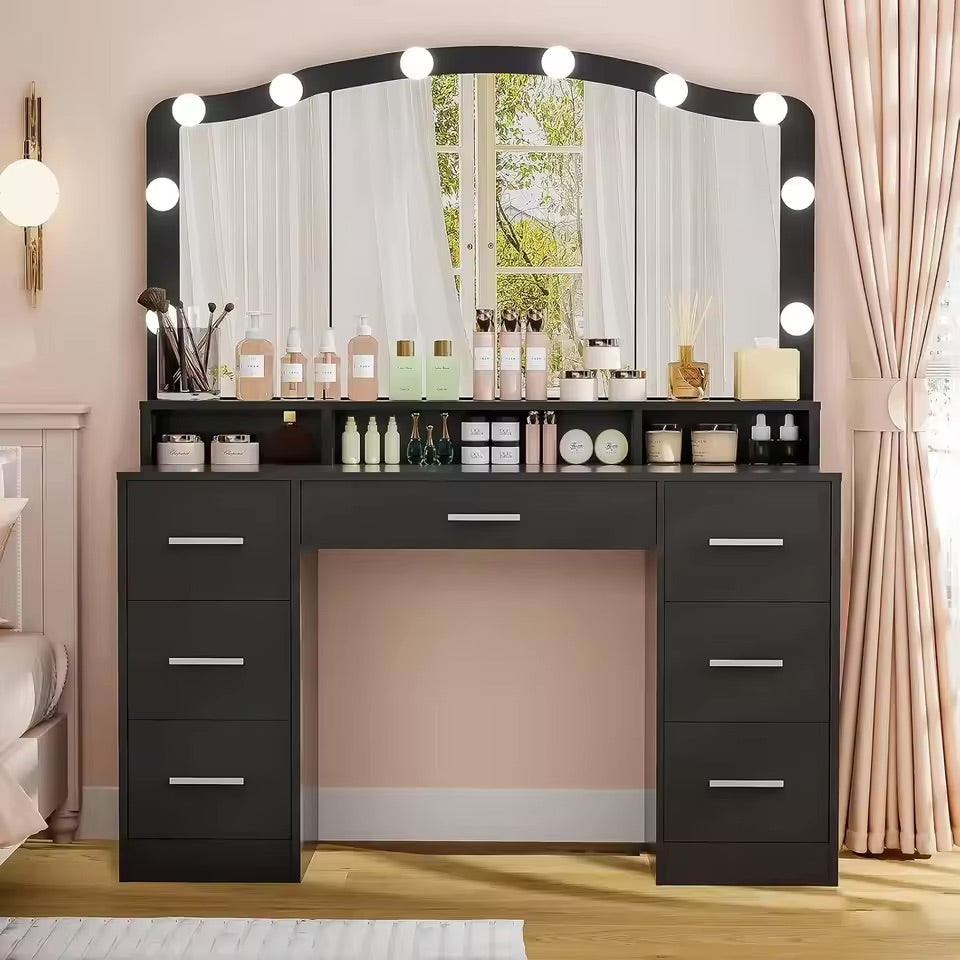Makeup Vanity Table with Lights, 2 Cabinets, Long Shelf, and 3 Drawers - LP Replenish