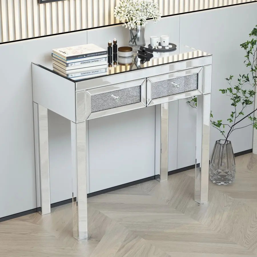 Mirrored Vanity Makeup Table with Crystal Diamond Accents and 2 Drawers - LP Replenish
