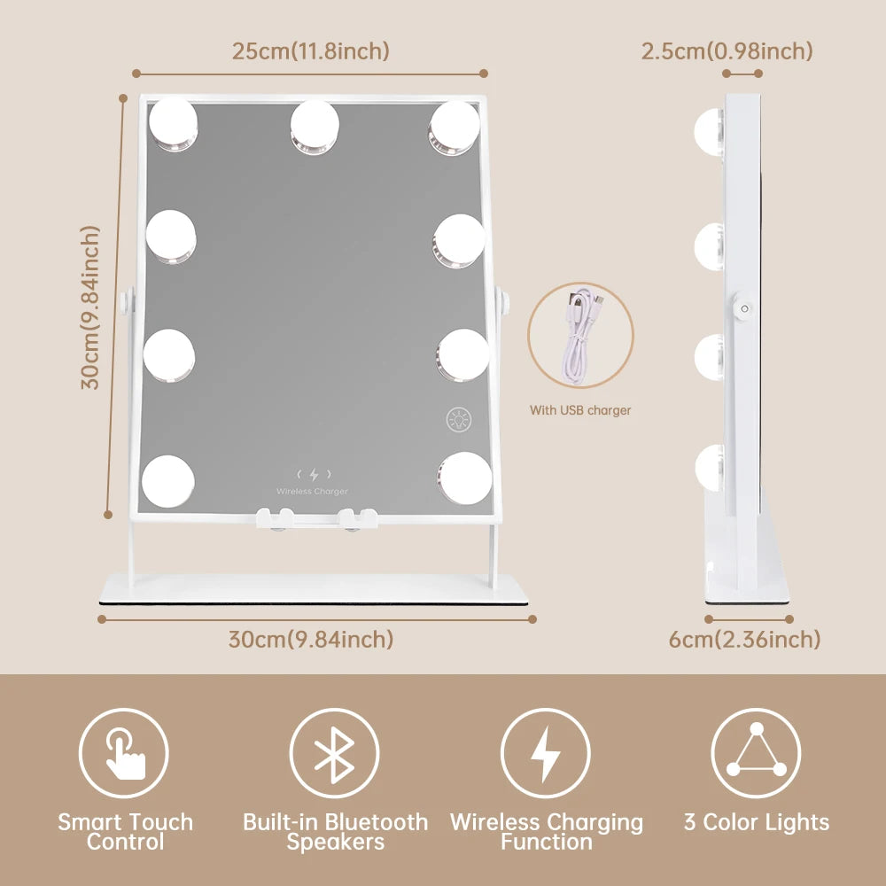 Tabletop Vanity Mirror with Bluetooth, Wireless Charging, and Dimmable LED Bulbs - LP Replenish