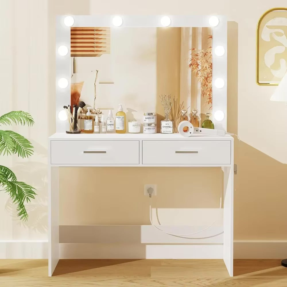 Mirrored Vanity Table with 12 LED Lights and Charging Station - LP Replenish