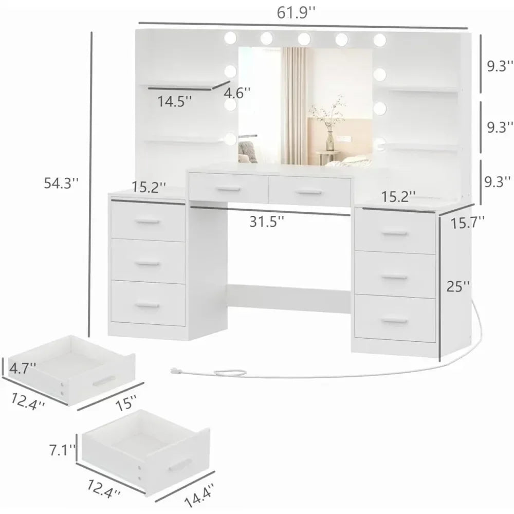 Vanity Desk with LED Mirror, Charging Station, and Storage Cabinet - LP Replenish