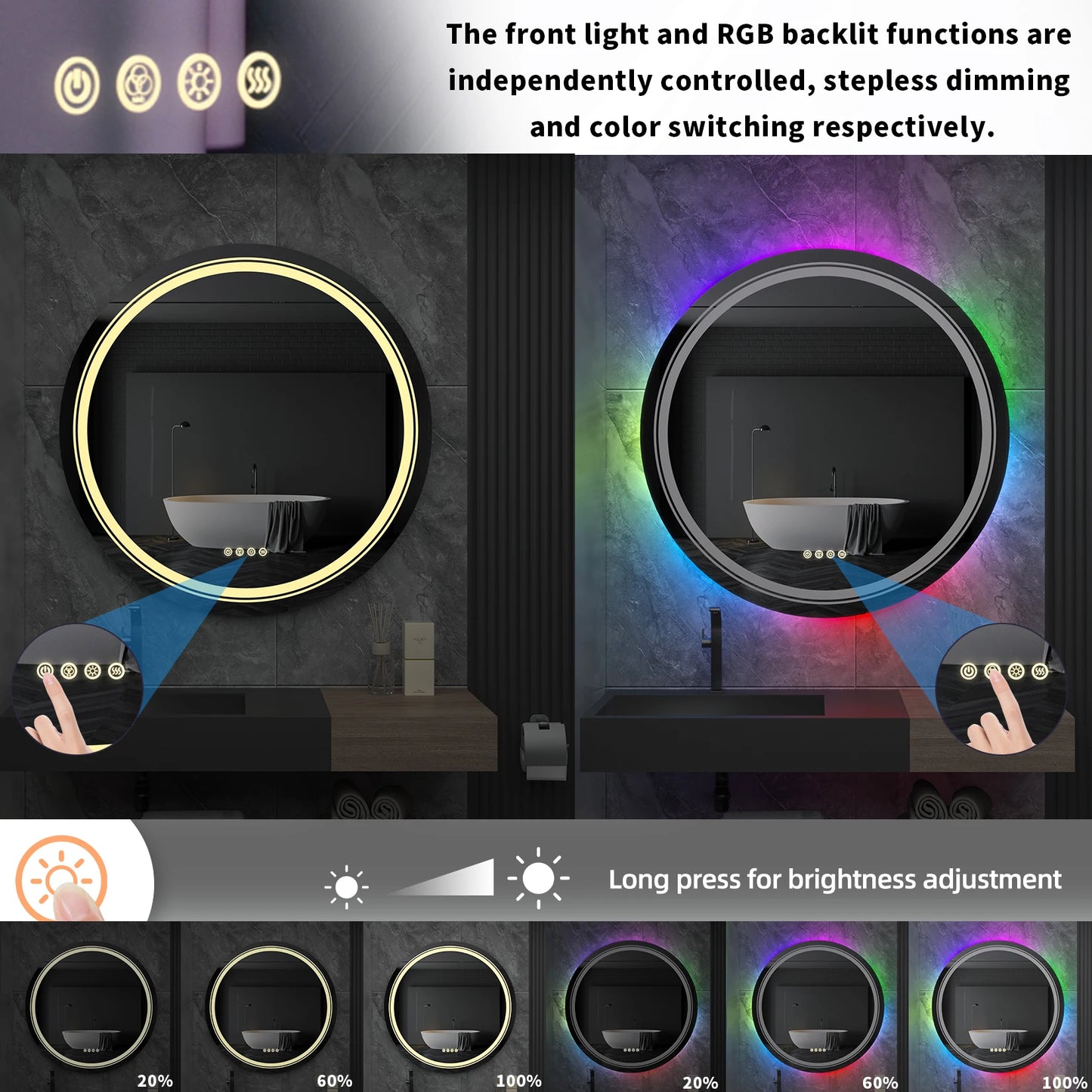 Large Round Lighted Bathroom Mirror with RGB LED, Anti-Fog & Dimmable Backlit - LP Replenish