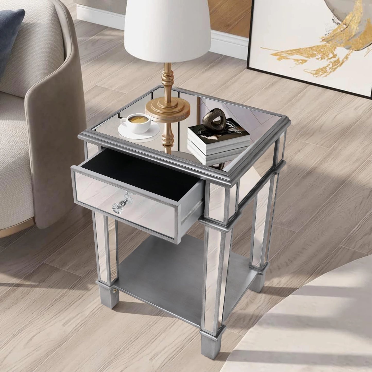 Mirrored Nightstands Modern Bedside Table with Drawer - LP Replenish
