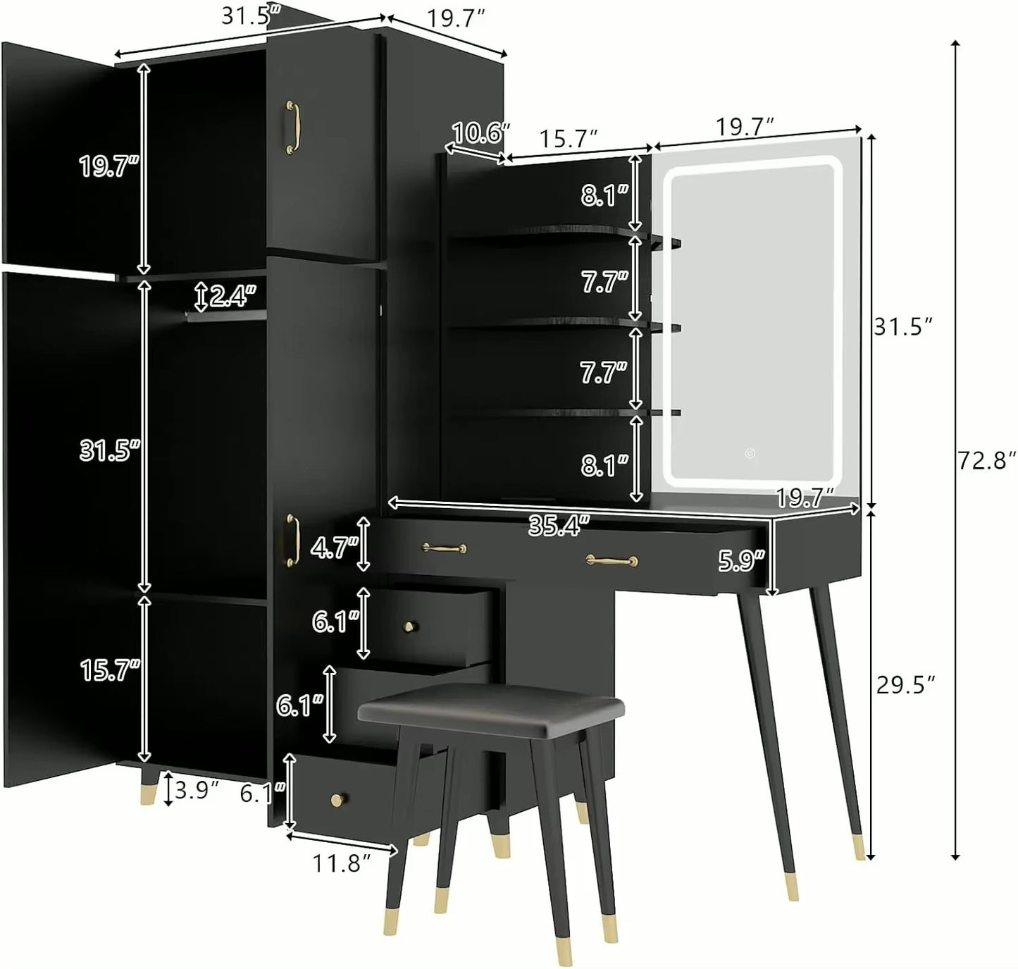 Vanity Desk with LED Mirror, Charging Station, and Wardrobe for Storage