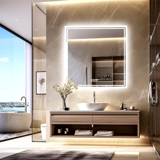 Wall-Mounted Square LED Bathroom Mirror with Anti-Fog and Dimmable Lights, 28 Inch - LP Replenish