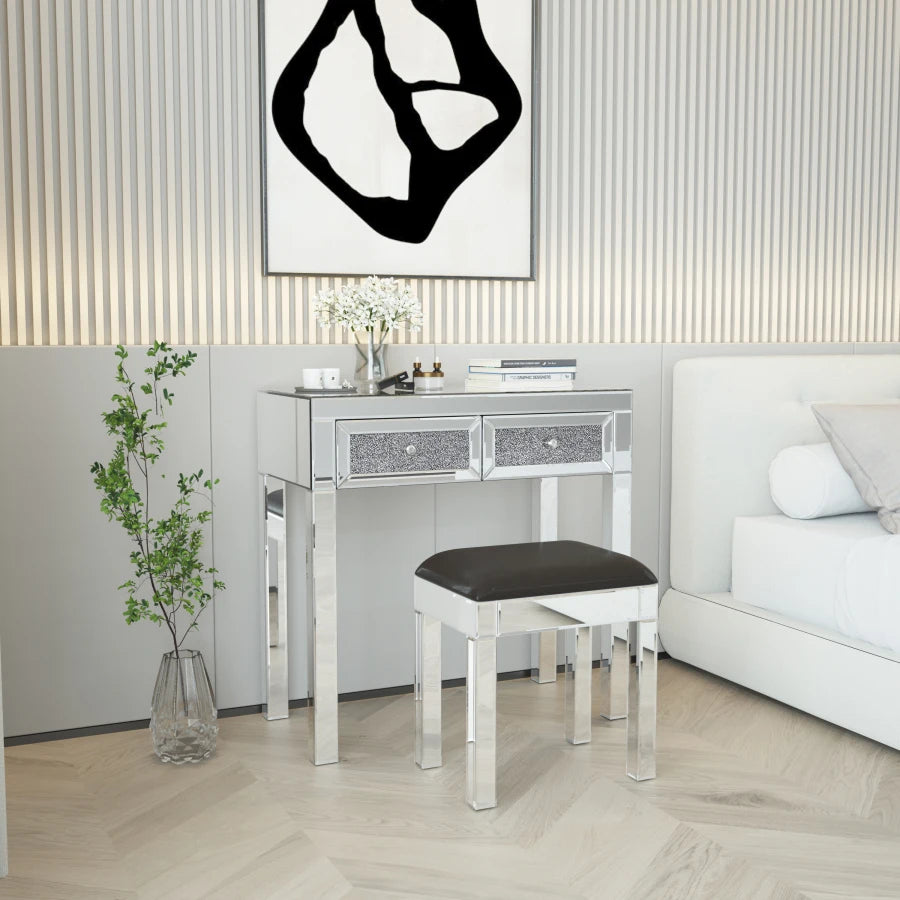 Mirrored Vanity Makeup Table with Crystal Diamond Accents and 2 Drawers - LP Replenish