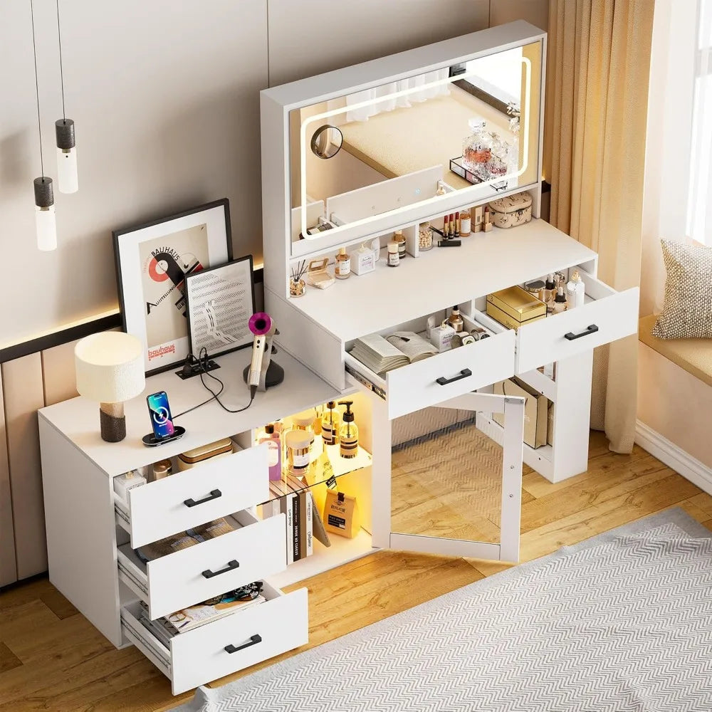 White Makeup Vanity Desk with LED Mirror, Charging Station, and Storage Cabinet
