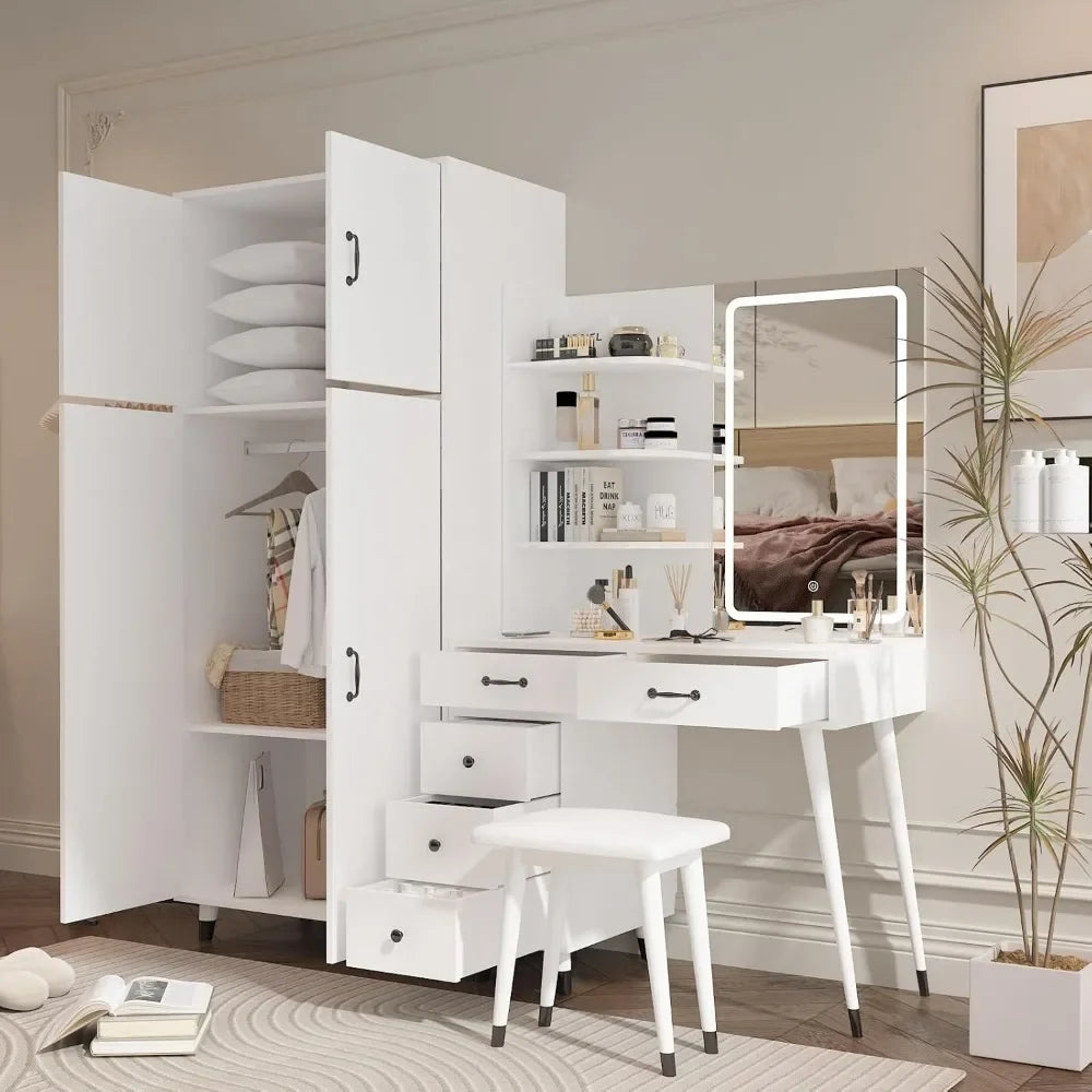 Vanity Desk with LED Mirror, Charging Station, and Wardrobe for Storage