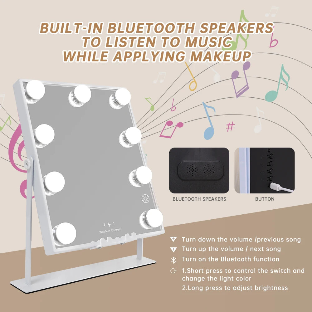 Tabletop Vanity Mirror with Bluetooth, Wireless Charging, and Dimmable LED Bulbs - LP Replenish