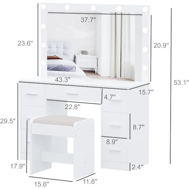 Vanity Desk with Drawers Lighted Hollywood Makeup Mirror and Stool - LP Replenish
