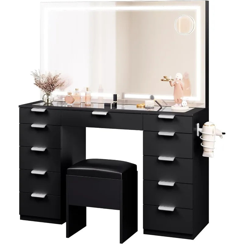 Large Vanity Desk Set with LED Lighted Mirror, Glass Top, Vanity Drawer and Power Outlet - LP Replenish