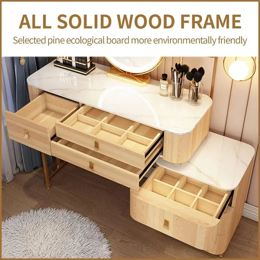 Makeup Vanity with Soft Chair with 3 Color Led Light Mirror for Modern Bedroom Solid Wood Makeup Gift ,Adjustable Dressing Table