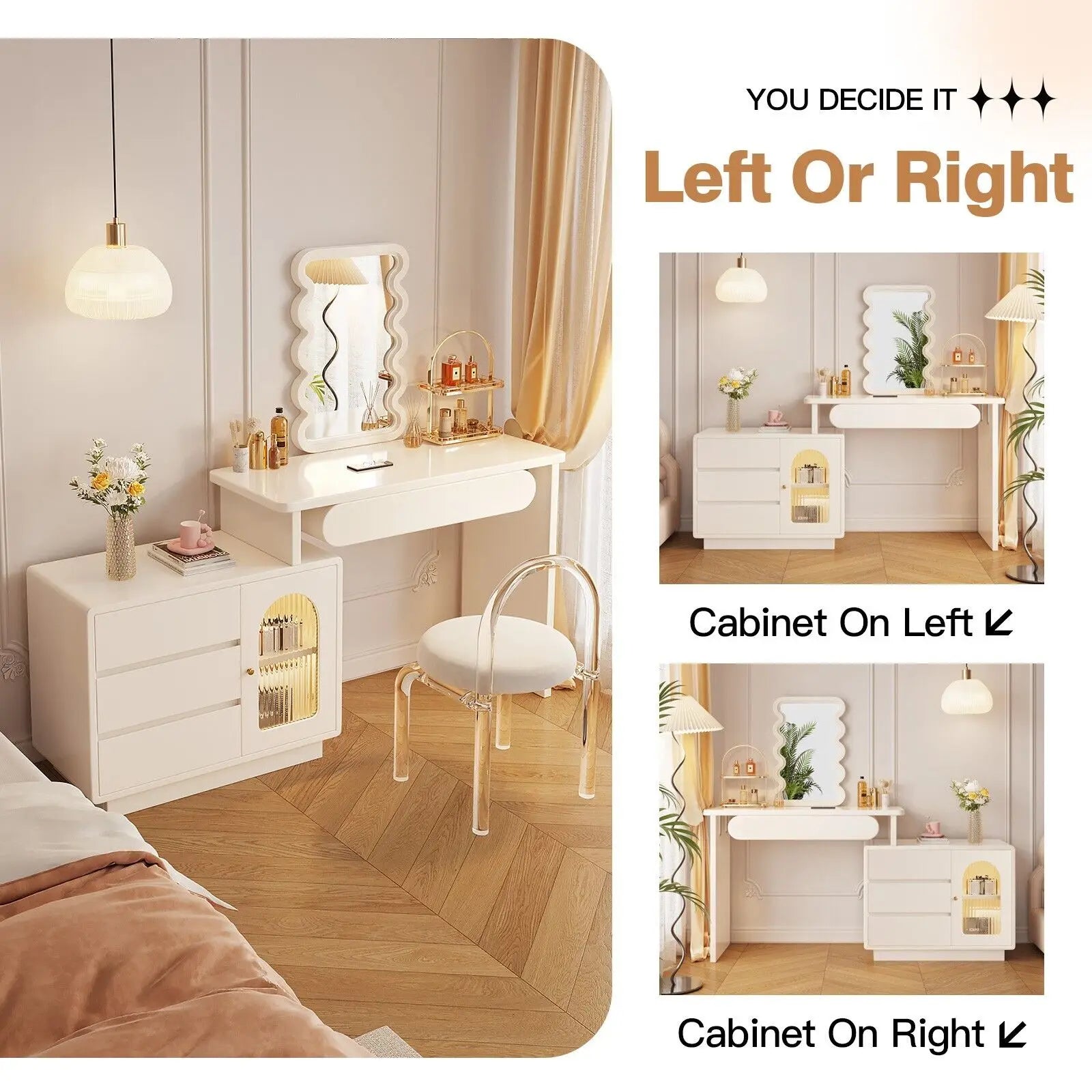 Vanity Table with Illuminated Mirror, Acrylic Chair, and Storage Features - LP Replenish