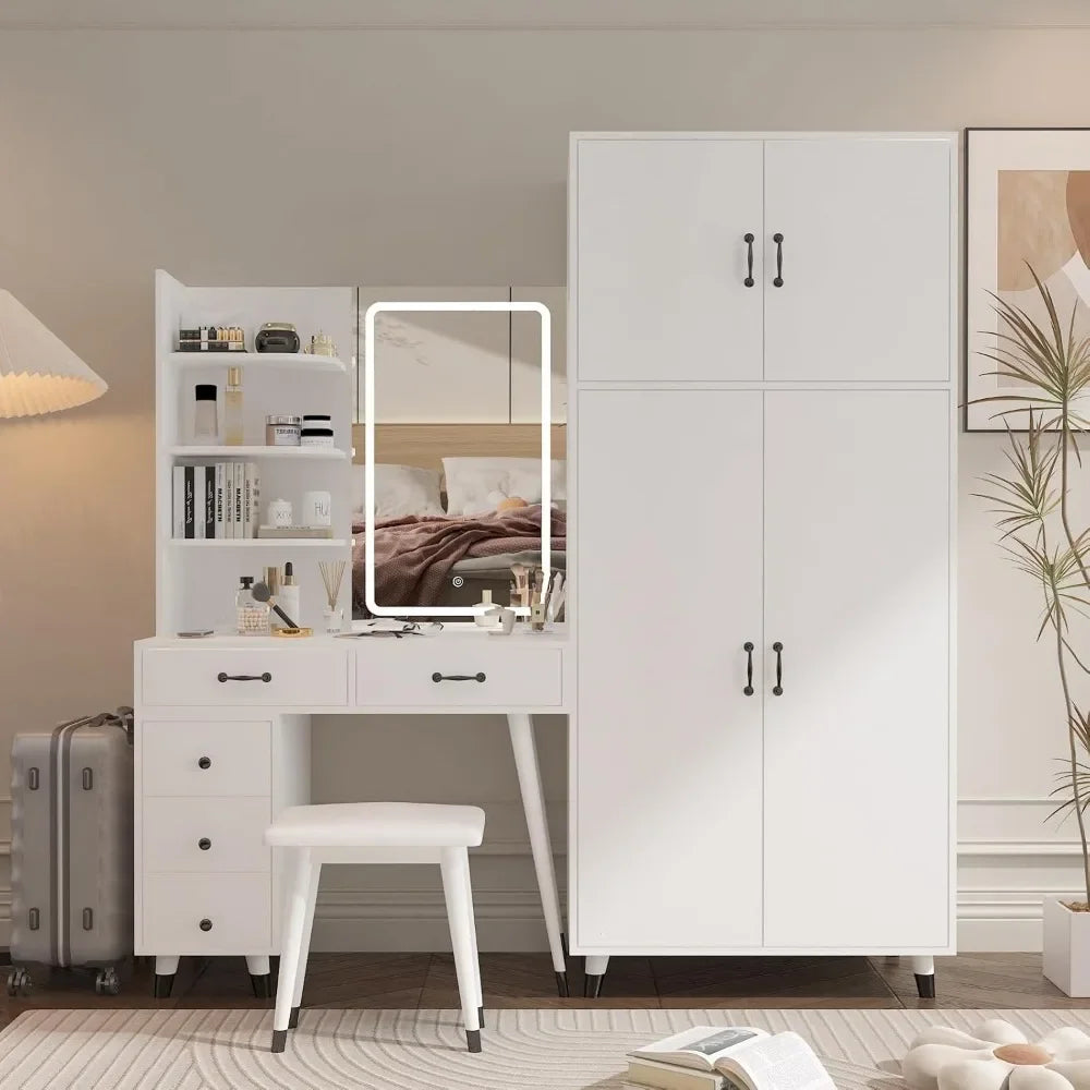 Vanity Desk with LED Mirror, Charging Station, and Wardrobe for Storage