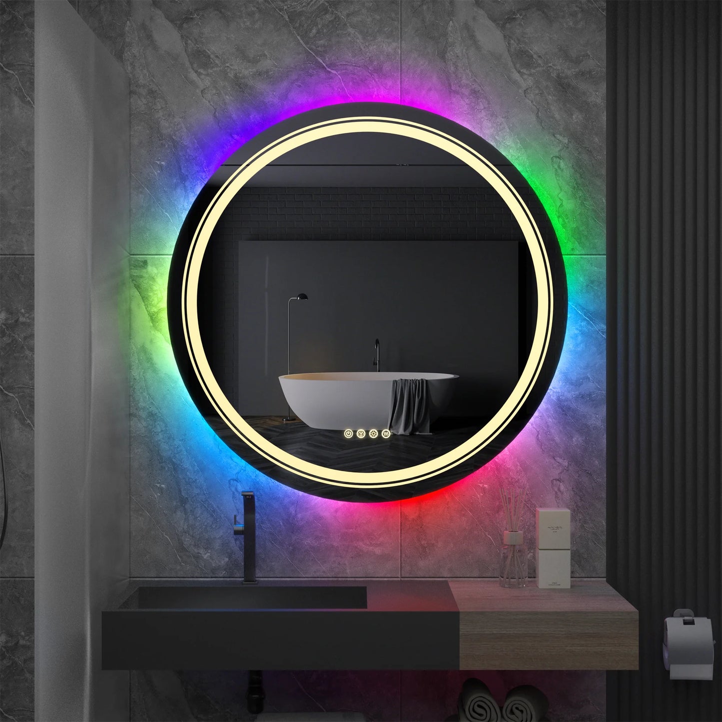 Large Round Lighted Bathroom Mirror with RGB LED, Anti-Fog & Dimmable Backlit - LP Replenish