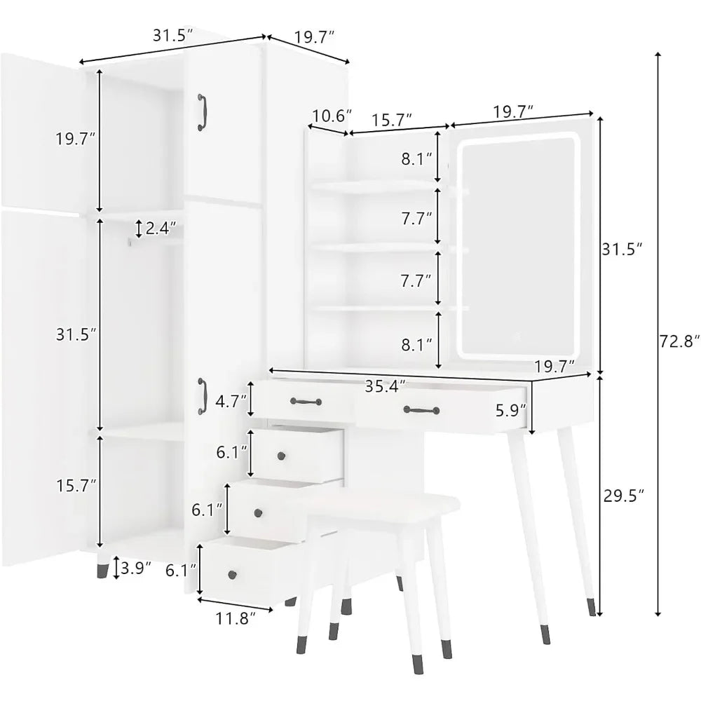 Vanity Desk with LED Mirror, Charging Station, and Wardrobe for Storage