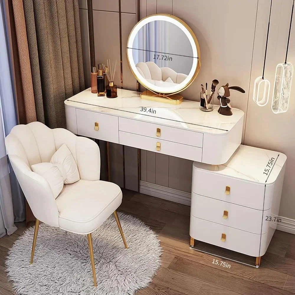 Makeup Vanity with Soft Chair with 3 Color Led Light Mirror for Modern Bedroom Solid Wood Makeup Gift ,Adjustable Dressing Table