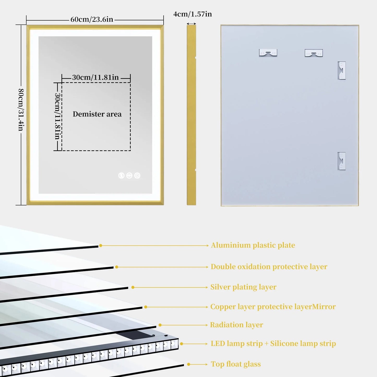 Gold Frame LED Bathroom Mirror with Dimmable Lights and Anti-Fog - LP Replenish