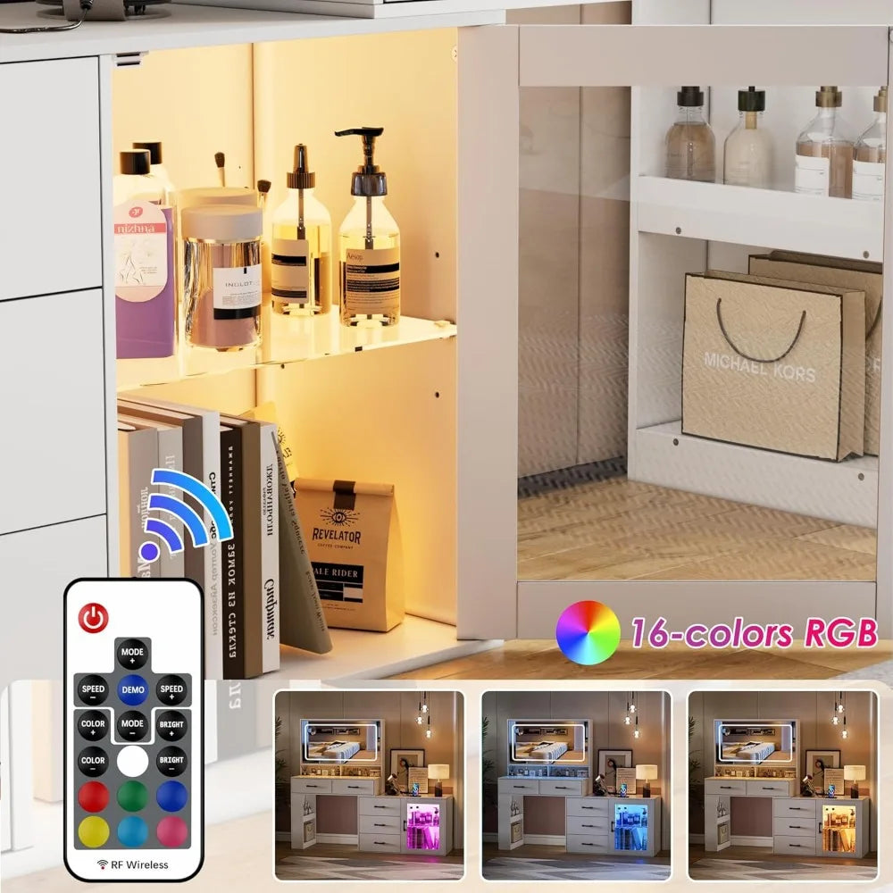 White Makeup Vanity Desk with LED Mirror, Charging Station, and Storage Cabinet