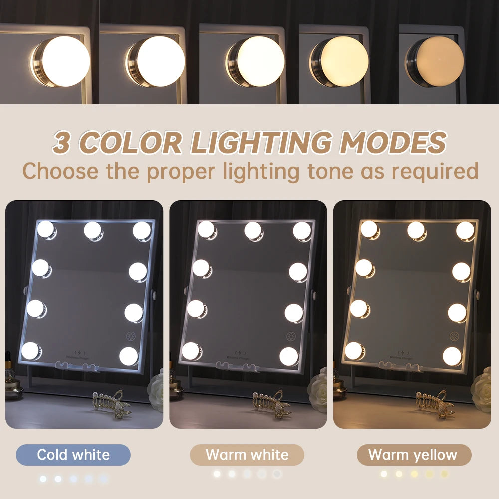 Tabletop Vanity Mirror with Bluetooth, Wireless Charging, and Dimmable LED Bulbs - LP Replenish