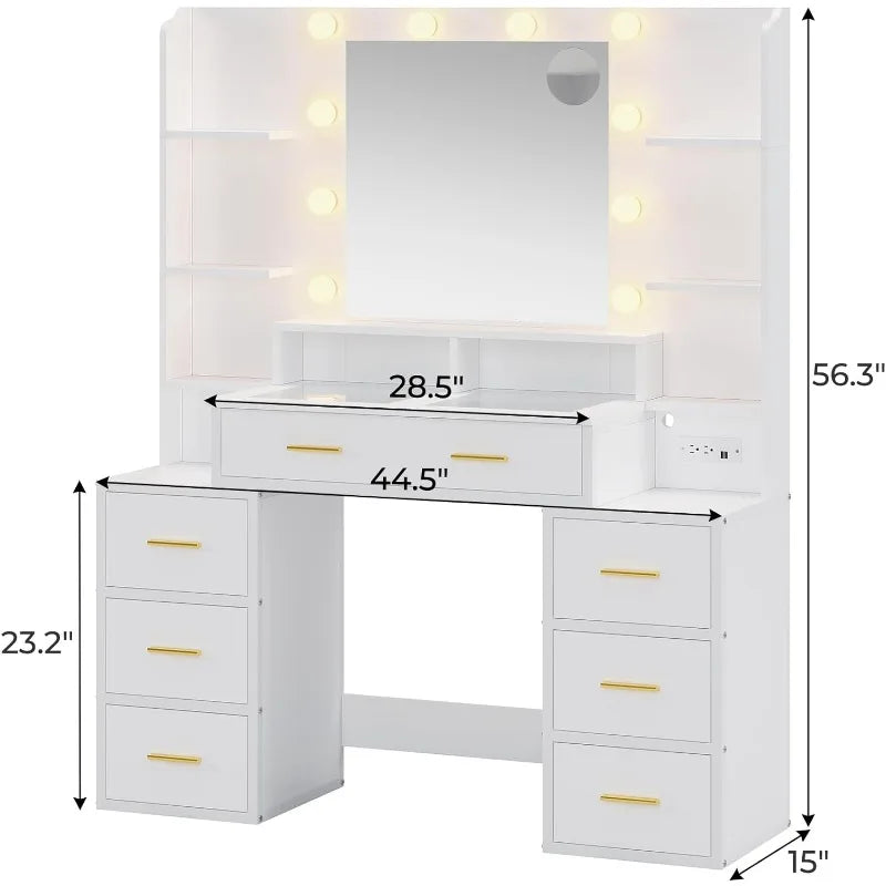 Vanity Desk with glass top with 10x Magnifying Mirror, Lights & Charging Station - LP Replenish