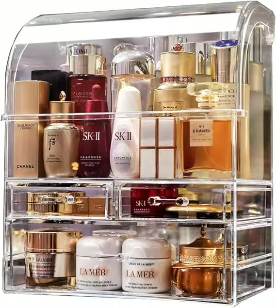 Clear Ribbed Pattern Large Clear Makeup Organizer with Drawers and Lid - LP Replenish