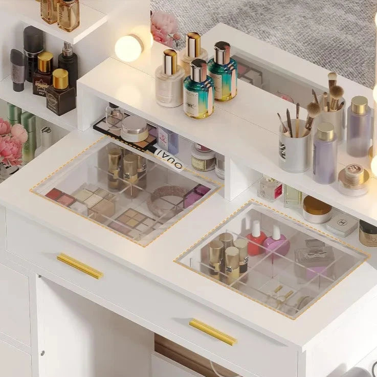 Vanity Desk with glass top with 10x Magnifying Mirror, Lights & Charging Station - LP Replenish