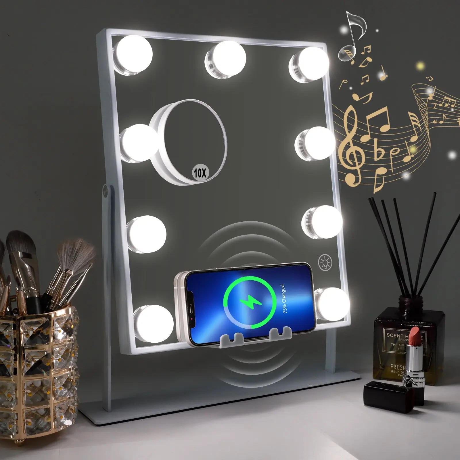 Tabletop Vanity Mirror with Bluetooth, Wireless Charging, and Dimmable LED Bulbs - LP Replenish