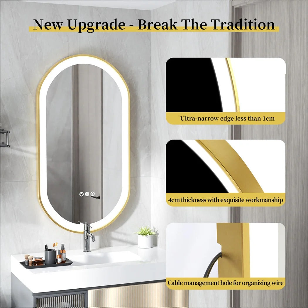 Oval LED Bathroom Mirror with Demister - Gold Frame - LP Replenish
