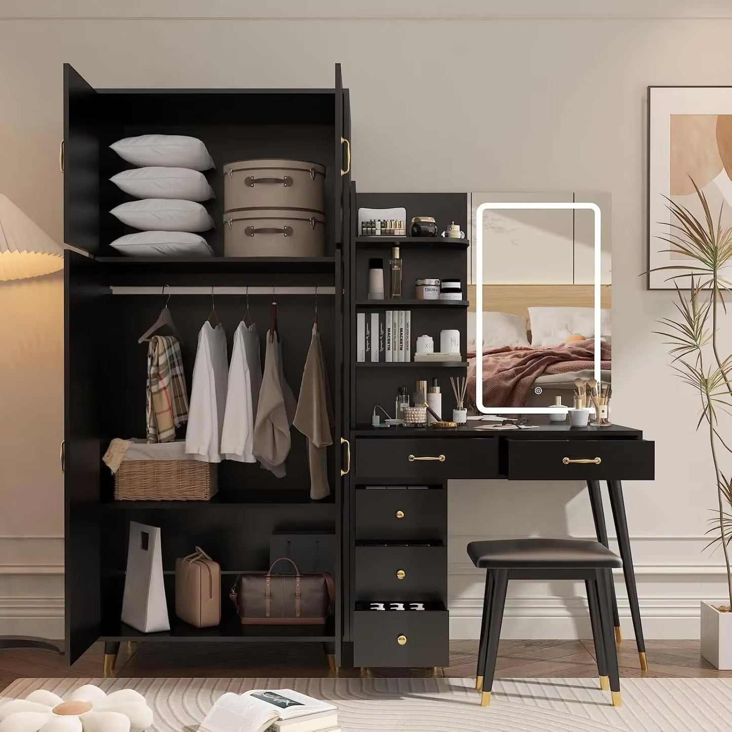 Vanity Desk with LED Mirror, Charging Station, and Wardrobe for Storage