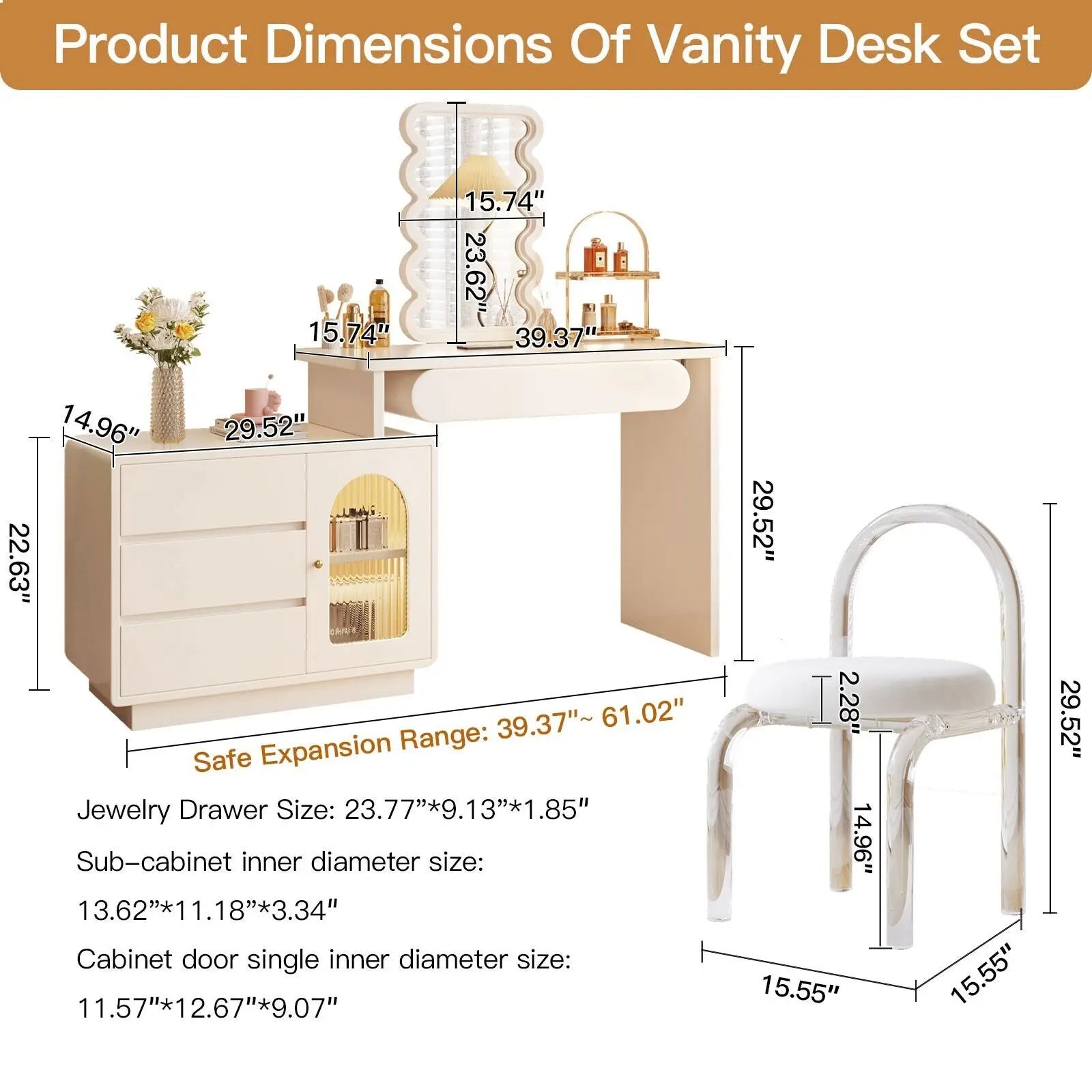 Vanity Table with Illuminated Mirror, Acrylic Chair, and Storage Features - LP Replenish