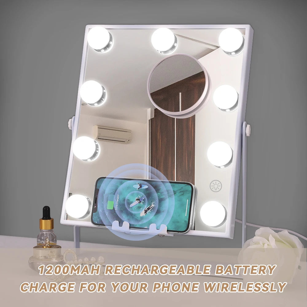 Tabletop Vanity Mirror with Bluetooth, Wireless Charging, and Dimmable LED Bulbs - LP Replenish