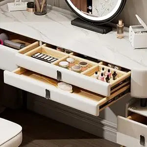 Luxury Solid Wood Vanity Desk with Sintered Marble Top, 6 Drawers, and LED Mirror - LP Replenish