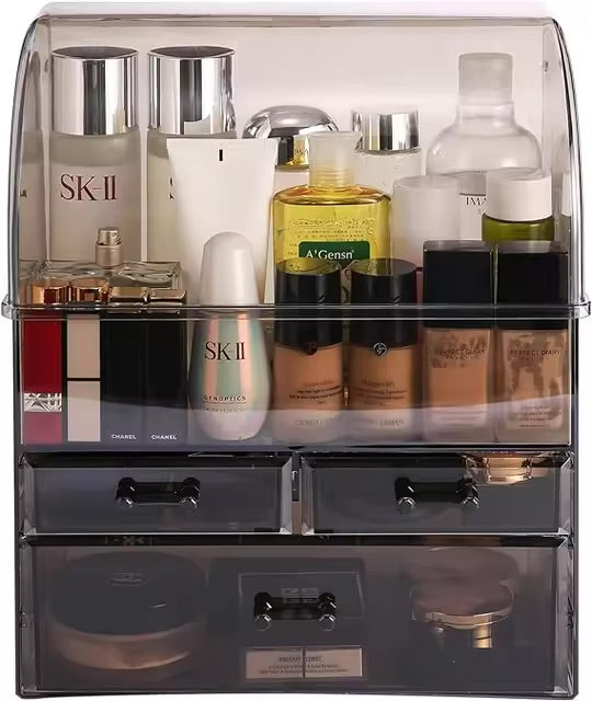 Clear Ribbed Pattern Large Clear Makeup Organizer with Drawers and Lid - LP Replenish