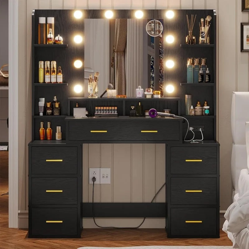 Vanity Desk with glass top with 10x Magnifying Mirror, Lights & Charging Station - LP Replenish