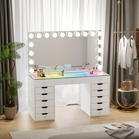 VanitiSet Lumina | Hollywood Vanity Desk with LED Mirror 59", RGB Glass Top, 13 Drawer