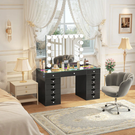 VanitiSet Pro Ultimate | 59" Glass Top Vanity Set with 15-Bulb Hollywood Mirror, 13 Drawers, RGB Lights & Swivel Chair