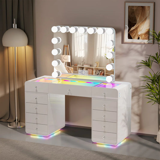 VanitiSet Luma Arc | Modern Glam Vanity Desk with Hollywood Mirror and Storage