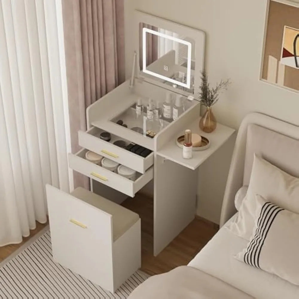 Compact Vanity Desk with Flip-Top Mirror, Storage Stool, and Drawers - LP Replenish