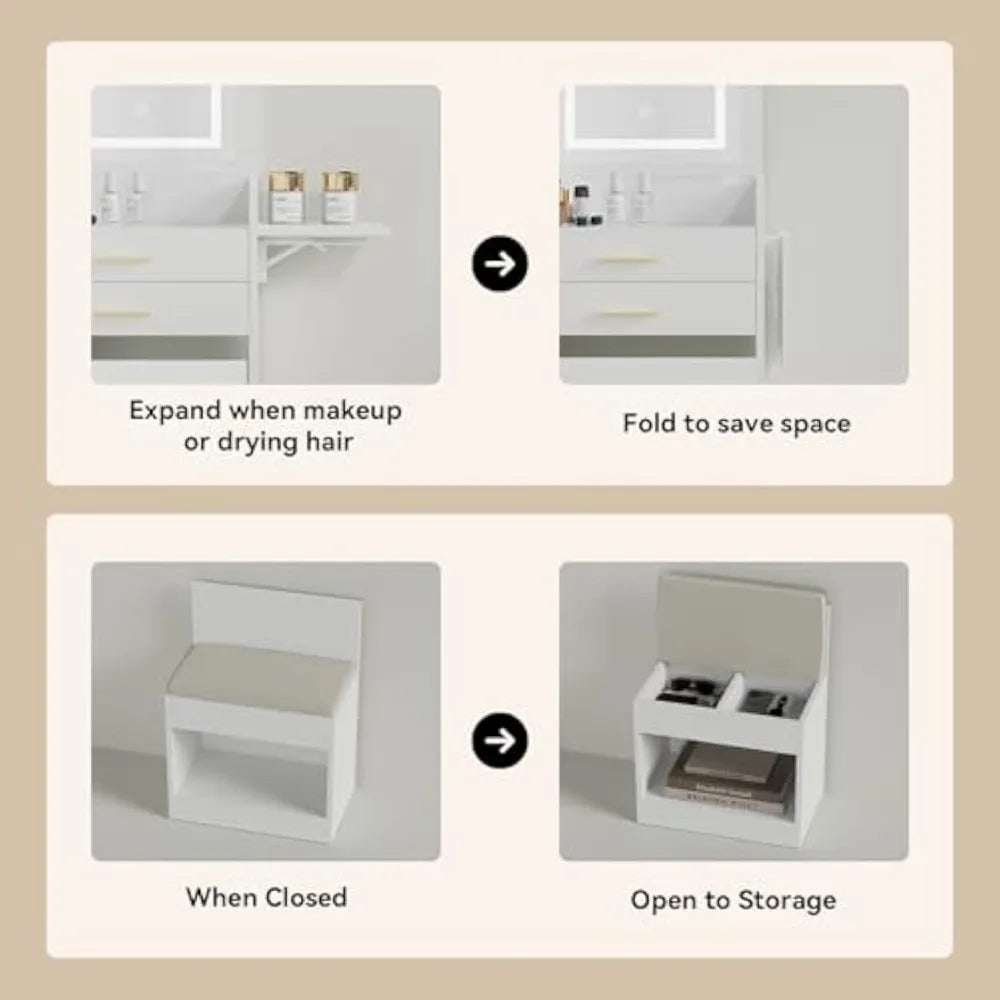 Compact Vanity Desk with Flip-Top Mirror, Storage Stool, and Drawers - LP Replenish